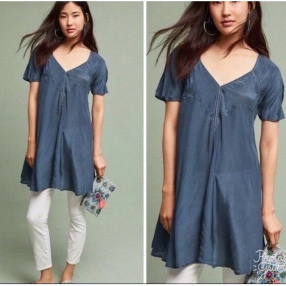 Akemi + Kin Anthropologie Blue V-Neck Tunic Dress Top Short Sleeve Womens M Boho